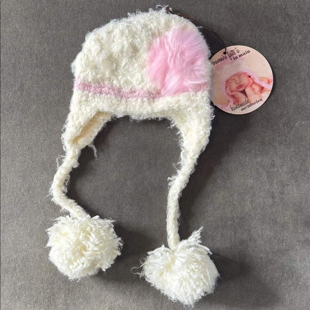 Daisy Baby Girls Infant Beanie Hat White Pink Photography 0-6 months NEW